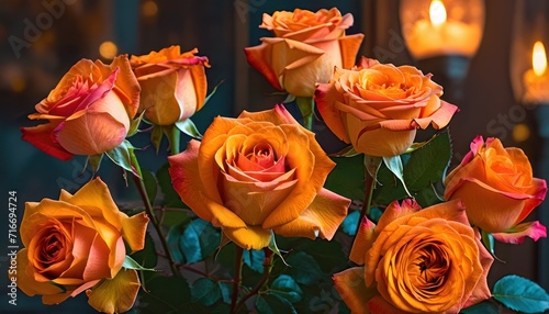  a bunch of orange roses in a vase with some lit candles in the backgrounnd of the room in the backgrounnd of the picture is a chandelier.