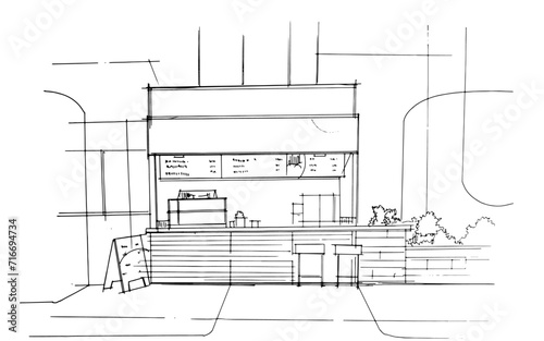 Line drawing of a shopping mall. , Graphic assembly in architecture and interior design work. ,Sketch ideas for interior or exterior designs.