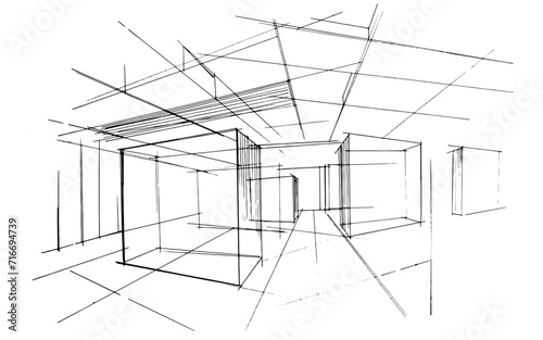 Line drawing of an architectural and construction path.  , Graphic assembly in architecture and interior design work. ,Sketch ideas for interior or exterior designs.