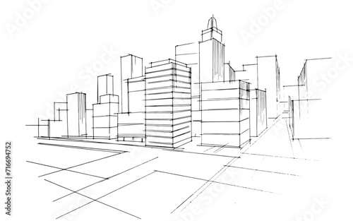 Line drawing of an architectural building. , Graphic assembly in architecture and interior design work. ,Sketch ideas for interior or exterior designs.