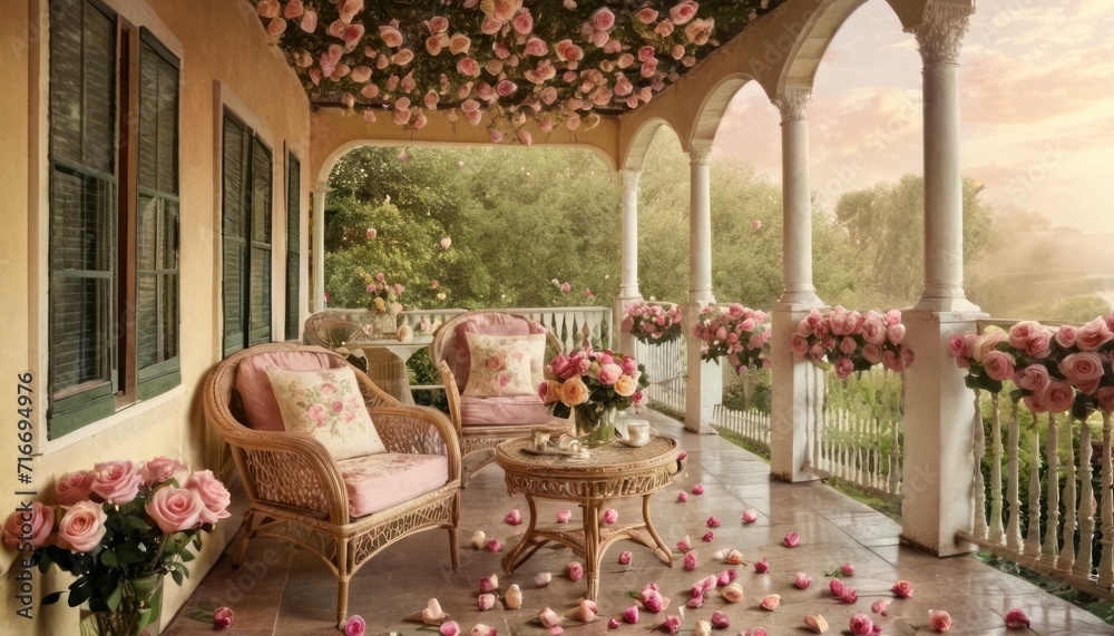  a porch covered in lots of pink flowers next to a table with a vase of flowers on top of it next to a chair and a table with flowers on it.