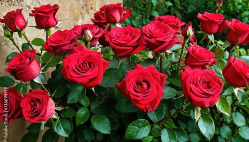  a bunch of red roses sitting on top of a lush green leafy plant in front of a stone wall and a stone wall with a green leafy bush in the foreground.
