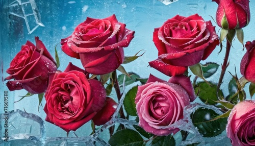  a bouquet of red roses sitting on top of an ice block with water droplets on the top and bottom of the roses in the middle of the picture  on a blue background.