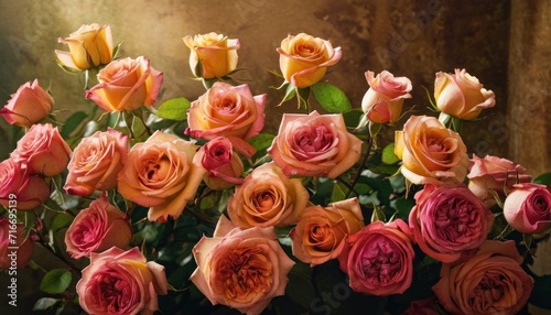  a bouquet of pink and yellow roses in a vase on a table with a brown wall behind it and a green leafy plant in the middle of the vase.