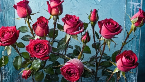  a bouquet of red roses sitting inside of a vase on top of a blue tablecloth with water droplets on the surface of the vase and water droplets on the glass surface.