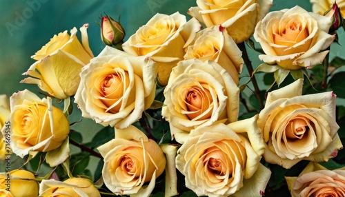  a bunch of yellow roses sitting on top of a green table next to a vase with flowers inside of it and a green wall in the back ground behind it.