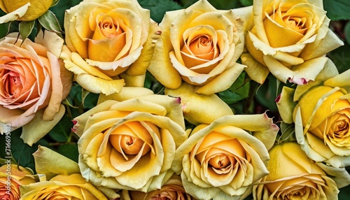  a bunch of yellow and pink roses with green leaves in the middle of the petals and leaves in the middle of the petals  in the middle of the middle of the middle of the petals.