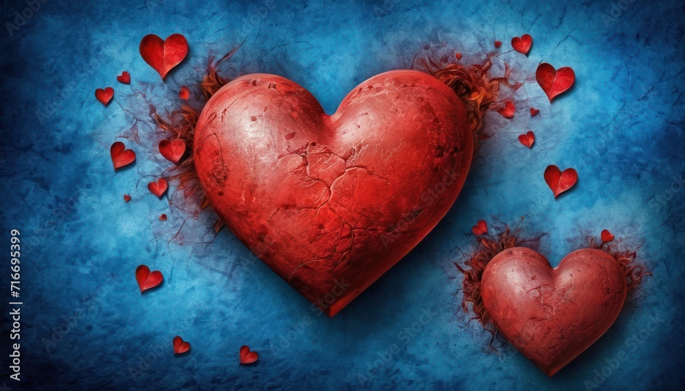  a couple of red hearts sitting on top of a blue surface with blood splatters all over the sides of the heart and on the sides of the sides of the sides of the heart.