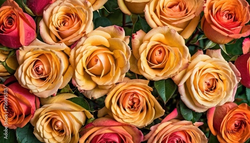  a close up of a bunch of orange and red roses with green leaves on the bottom and bottom of the flowers on the bottom of the picture  and bottom half of the picture.
