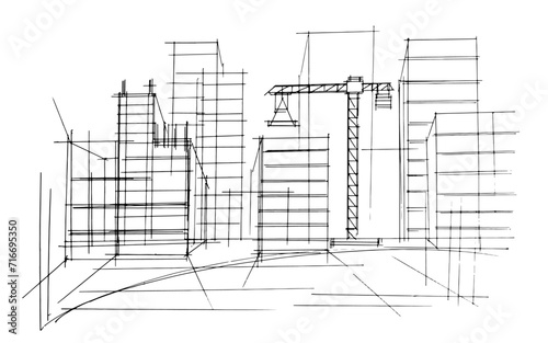 Line drawing of an architectural building. , Graphic assembly in architecture and interior design work. ,Sketch ideas for interior or exterior designs.