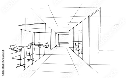 Line drawing of an office area with a working area. , Graphic assembly in architecture and interior design work. ,Sketch ideas for interior or exterior designs.