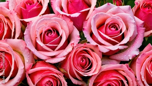  a close up of a bunch of pink roses with drops of water on the petals and a green stem in the middle of the picture  with water droplets on the petals.