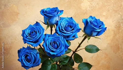  a vase filled with blue roses sitting on top of a table next to a vase filled with green leaves and a vase filled with blue roses sitting on a table.