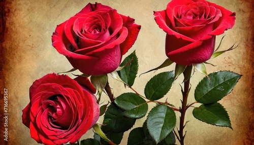  three red roses are in a vase with green leaves on a brown and beige background  with a sepia - toned effect to the bottom half of the image.