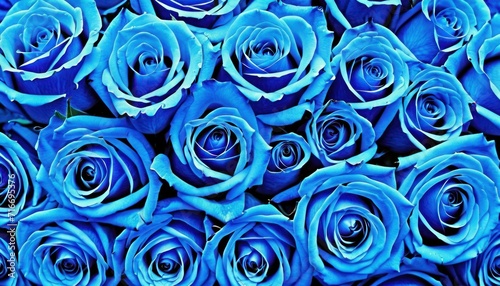  a bunch of blue roses that are very close together in a close up view of the center of the picture and the center of the rose petals is very large.