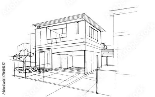 Line drawing of an architectural building. , Graphic assembly in architecture and interior design work. ,Sketch ideas for interior or exterior designs.