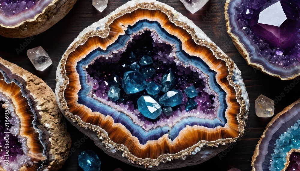  a group of purple and blue crystals on top of a piece of wood with ice crystals on the bottom of the rock and on top of the rock is an ametholite.