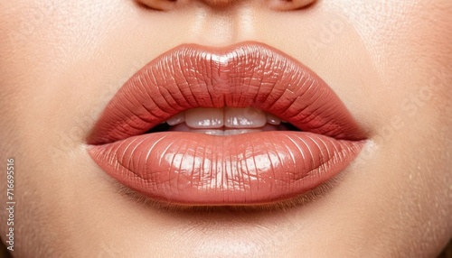  a close up of a woman's lips with a red lipstick shade on her cheek and a gold lip ring on her left lip and right side of her cheek.
