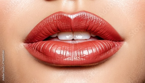  a close up shot of a woman's lips with bright red lipstick on top of the lips and bottom of the lips with a white tip of the lip.
