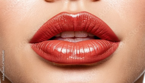  a close up shot of a woman's lips with bright red lipstick on top of her cheek and bottom of her lip, and bottom half of her face.