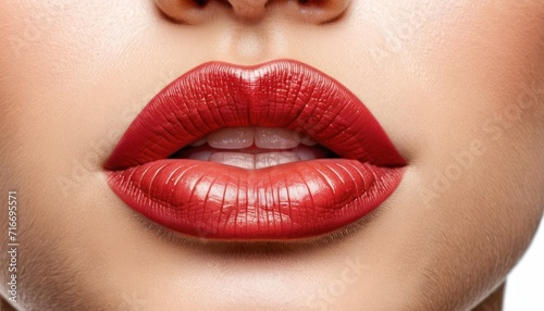  a close up shot of a woman's lips with a red lipstick shade on her cheek and a black eye shadow on her cheek, with a white background.