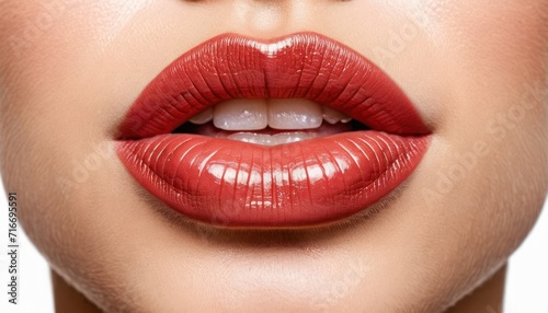  a close up shot of a woman's lips with bright red lipstick on top of her cheek and bottom of her lip and bottom half of her face showing.