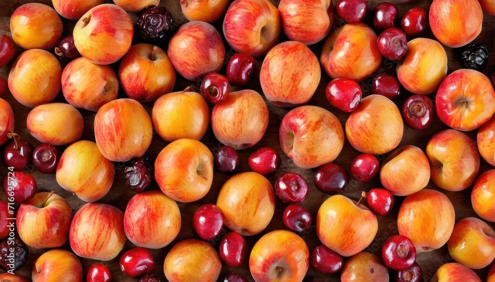 a pile of apples sitting next to each other on top of a wooden table next to a pile of cranberries and a pile of cherries on top of cranberries. a pile of apples sitting next to each other on top of a wooden table next to a pile of cranberries and a pile of cherries on top of cranberries.