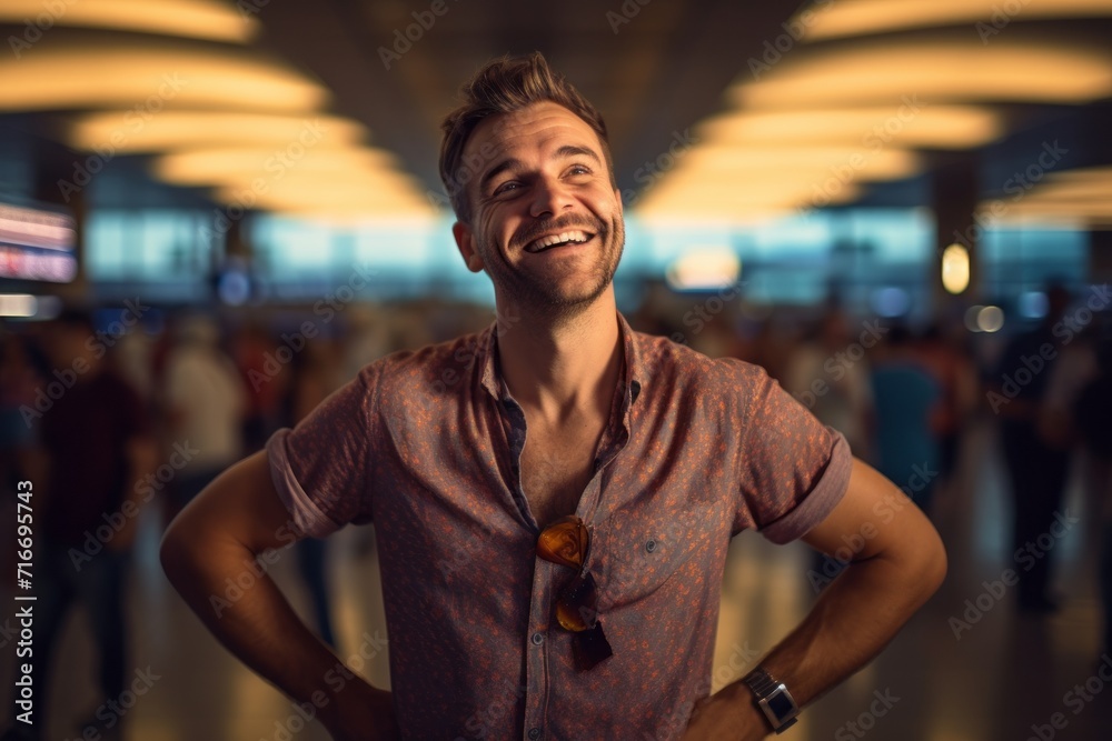Fototapeta premium Portrait of a joyful man in his 30s donning a trendy cropped top against a bustling airport terminal. AI Generation