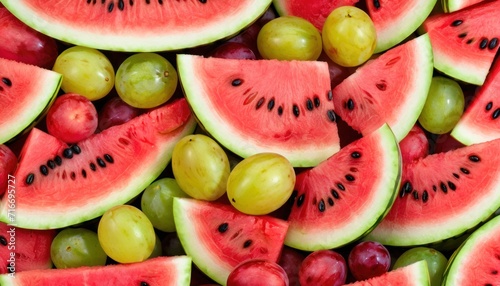  a pile of sliced watermelon and grapes next to a pile of sliced watermelon and grapes next to a pile of sliced watermelon and grapes.