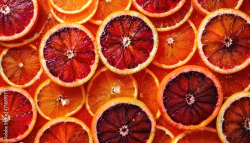  a group of blood oranges cut in half and placed on top of each other on a table in front of a wall of other oranges and oranges.