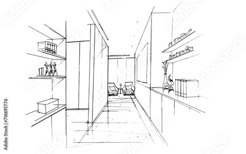 Line drawing of a residential living area. , Graphic assembly in architecture and interior design work. ,Sketch ideas for interior or exterior designs.