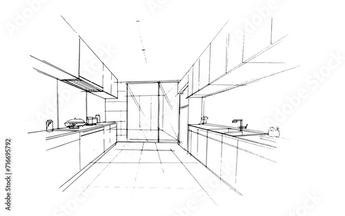 Line drawing of a kitchen and pantry. , Graphic assembly in architecture and interior design work. ,Sketch ideas for interior or exterior designs.