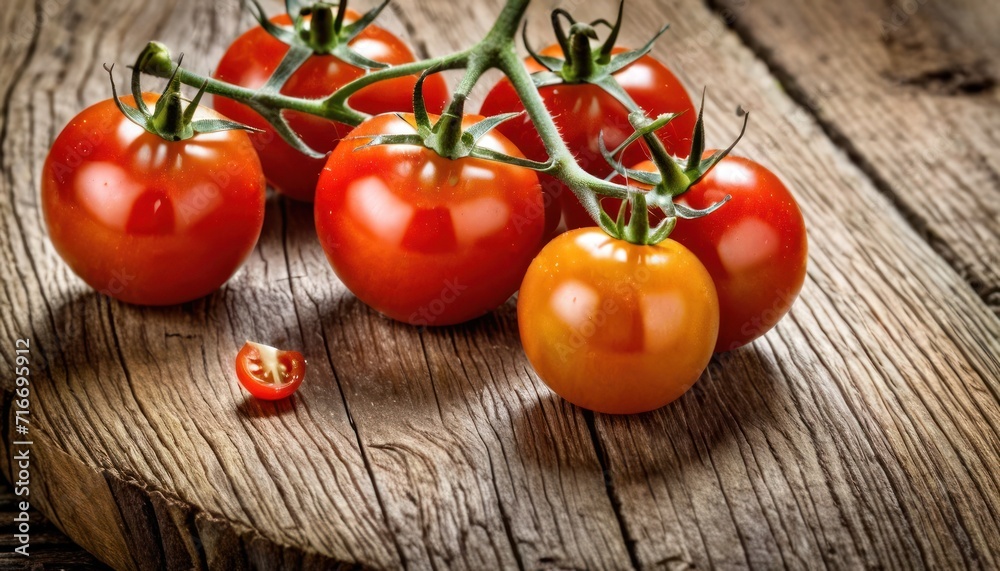 a group of tomatoes sitting on top of a wooden cutting board next to a slice of tomato on top of a piece of wood next to a piece of wood. a group of tomatoes sitting on top of a wooden cutting board next to a slice of tomato on top of a piece of wood next to a piece of wood.