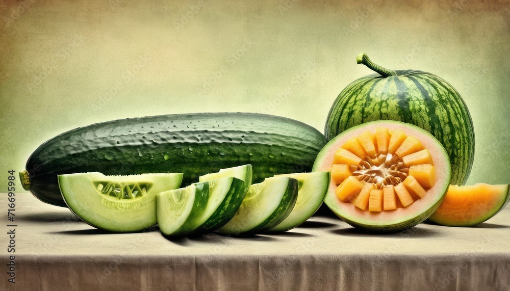  a watermelon, melon, and other fruits are arranged on a table with a piece of cloth on top of it and a piece of the melon is cut in half. - obrazy, fototapety, plakaty 