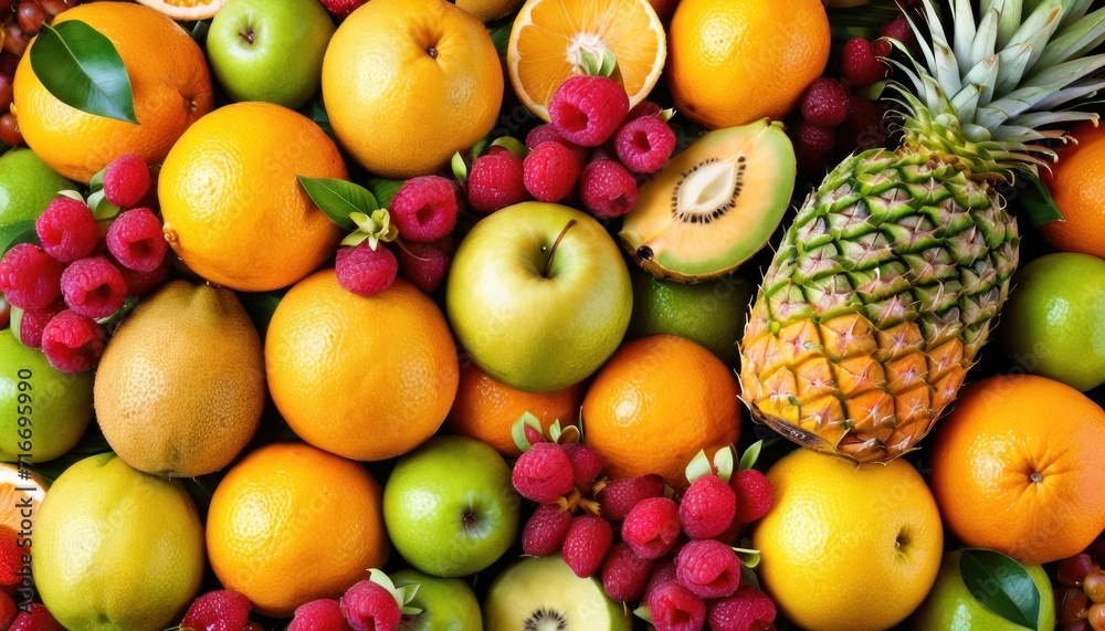 a pile of fruit including oranges, apples, raspberries, and pineapples with a pineapple in the middle of the top of the pile. a pile of fruit including oranges, apples, raspberries, and pineapples with a pineapple in the middle of the top of the pile.