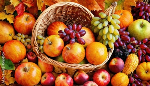  a basket filled with lots of fruit next to a pile of oranges, apples, grapes, and corn on top of a pile of leaves next to a pile of oranges. photo
