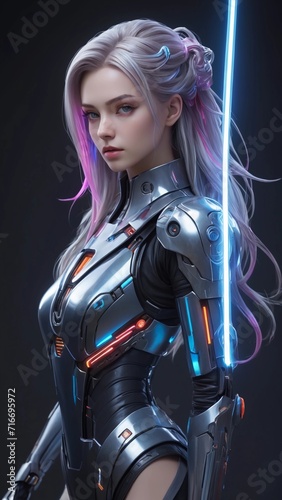 Beautiful white hair Girl wearing sci fi dress with pink lights,a woman with purple hair and a futuristic sci suit on posing for picture in a dark room with lights sci ,woman wearing armor suit