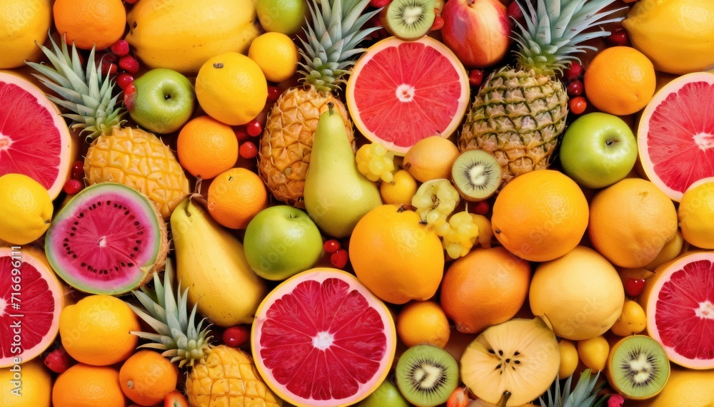  a close up of a bunch of fruit with pineapples, oranges, bananas, and watermelon on the top of the fruit is oranges.