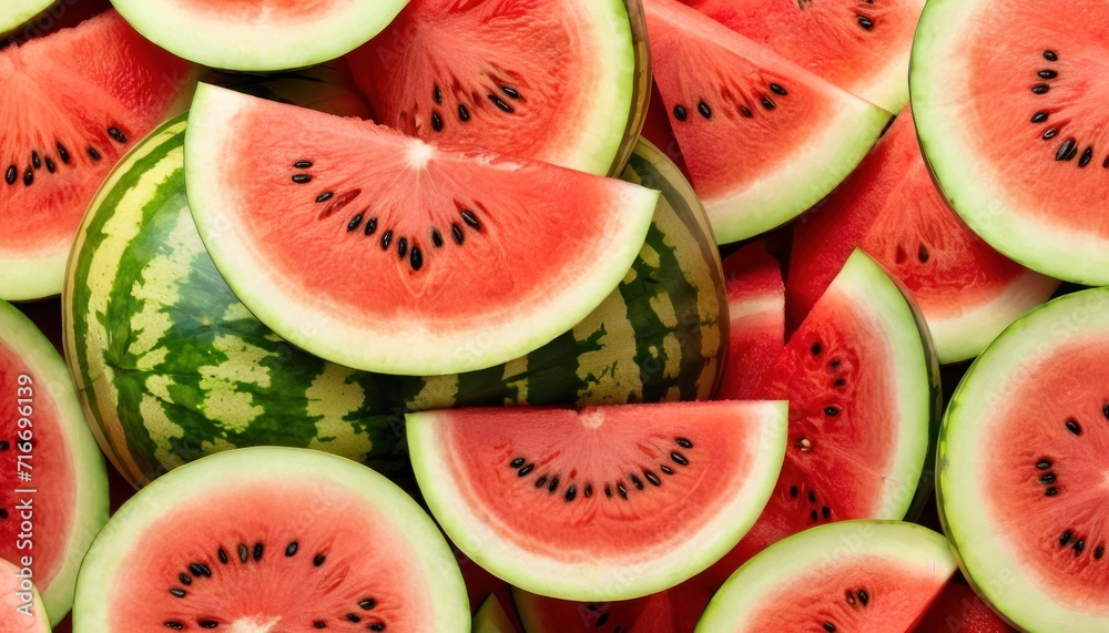 a pile of watermelon cut in half and stacked on top of each other with a slice taken out of one of the watermelon to the side. a pile of watermelon cut in half and stacked on top of each other with a slice taken out of one of the watermelon to the side.