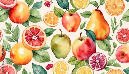  a watercolor painting of fruit and leaves on a white background with oranges, apples, pears, and pomegranates on a white background with green leaves. © Jevjenijs