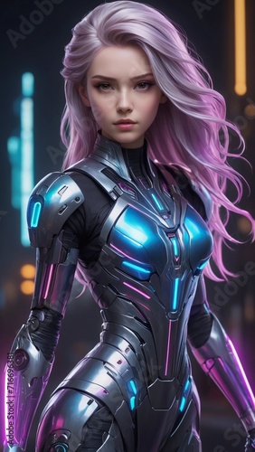 Beautiful white hair Girl wearing sci fi dress with pink lights,a woman with purple hair and a futuristic sci suit on posing for picture in a dark room with lights sci ,woman wearing armor suit