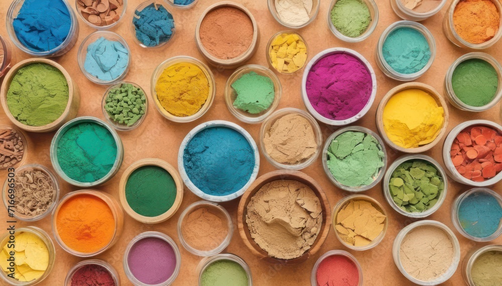 a group of bowls filled with lots of different colors of powder on top of a wooden table next to a pile of nuts and a pile of other colored powder. a group of bowls filled with lots of different colors of powder on top of a wooden table next to a pile of nuts and a pile of other colored powder.