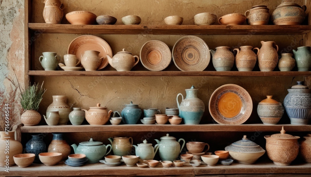 a shelf filled with lots of vases and bowls on top of a wooden shelf next to a wall covered in shelves with pots and vases on top of shelves. a shelf filled with lots of vases and bowls on top of a wooden shelf next to a wall covered in shelves with pots and vases on top of shelves.