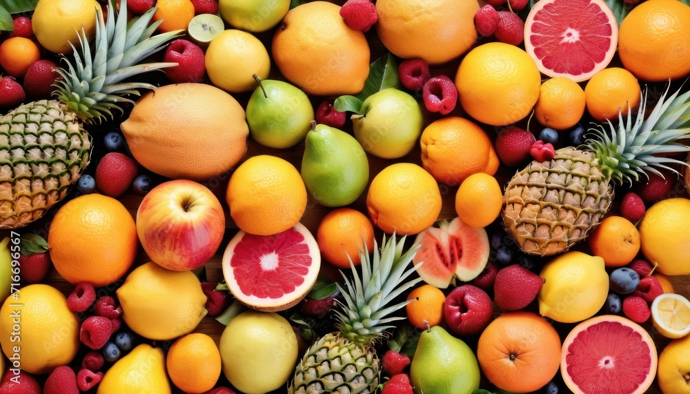 a pile of fruit with pineapples, oranges, grapefruits, bananas, apples, and pineapples on top of which are also pineapples. a pile of fruit with pineapples, oranges, grapefruits, bananas, apples, and pineapples on top of which are also pineapples.