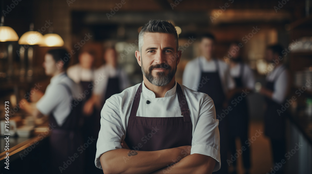 Portrait of a Professional chef posing and wearing uniform and gown in kitchen
