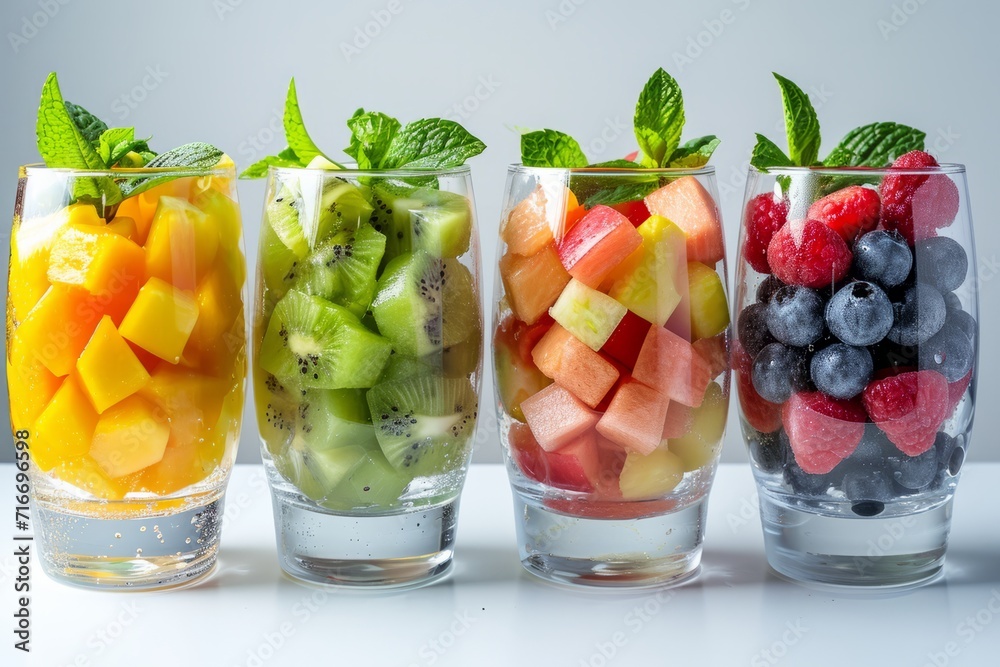 Fresh fruit cups with assorted berries and melon pieces, ideal for healthy snacking or catering. Fresh fruit cups with assorted berries and melon pieces, ideal for healthy snacking or catering.