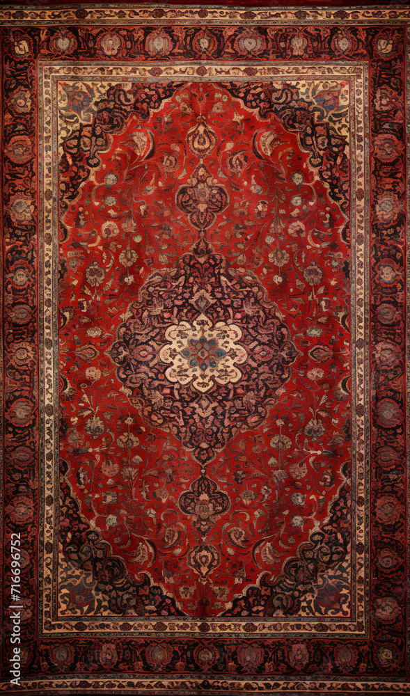 Red color persian carpet with antique pattern on the floor top view
