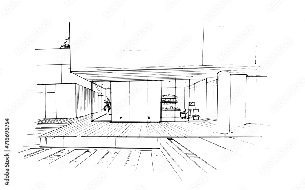 Obraz premium Line drawing of an architectural residential building. , Graphic assembly in architecture and interior design work. ,Sketch ideas for interior or exterior designs.