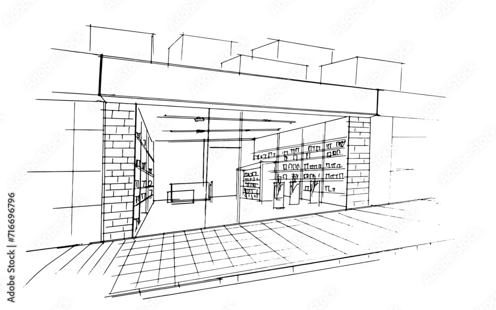 Fototapeta premium Line drawing of a shopping mall store. , Graphic assembly in architecture and interior design work. ,Sketch ideas for interior or exterior designs.