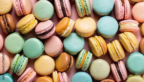  a group of macaroons sitting next to each other on top of a pink surface with blue, yellow, and green macaroons on top of the macaroons.